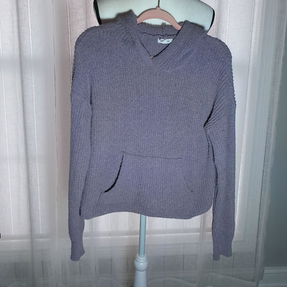 STITCH & PINE Long Sleeve V-Neck Hooded Lavender Cropped Soft Sweater L